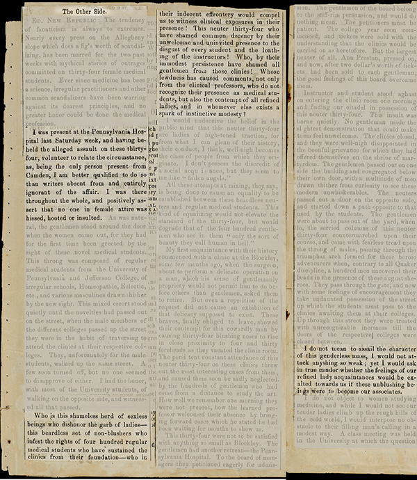 'The Other Side,' newspaper clipping in November 1869 from Woman's Medical College of Pennsylvania clipping scrapbook: Volume 2 (The Legacy Center Archives and Special Collections)