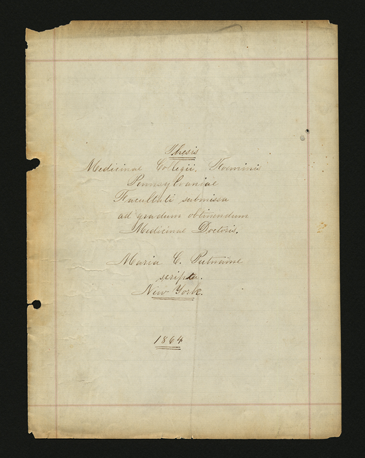 Mary Putnam Jacobi thesis, 1864, “Theorae ad lienis officium” (The Legacy Center Archives and Special Collections)
