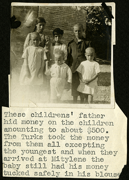 Mitylene refugee siblings with caption about their family story.  (The Legacy Center Archives and Special Collections)