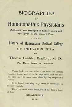 Biographies of Homeopathic Physicians title page (The Legacy Center Archives and Special Collections)