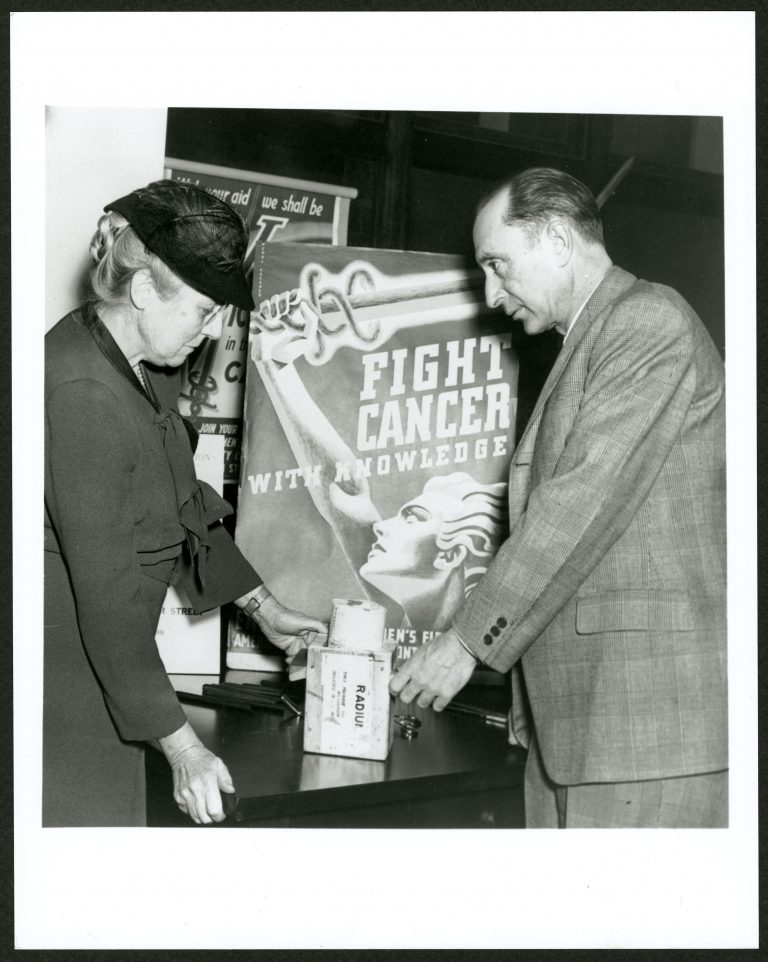 Catharine Macfarlane at an exhibit on cancer, 1949 (The Legacy Center Archives and Special Collections)