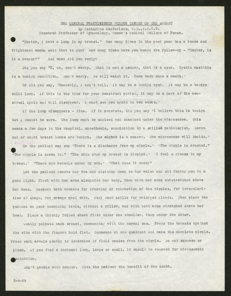 Macfarlane's paper on breast cancer examinations (The Legacy Center Archives and Special Collections)