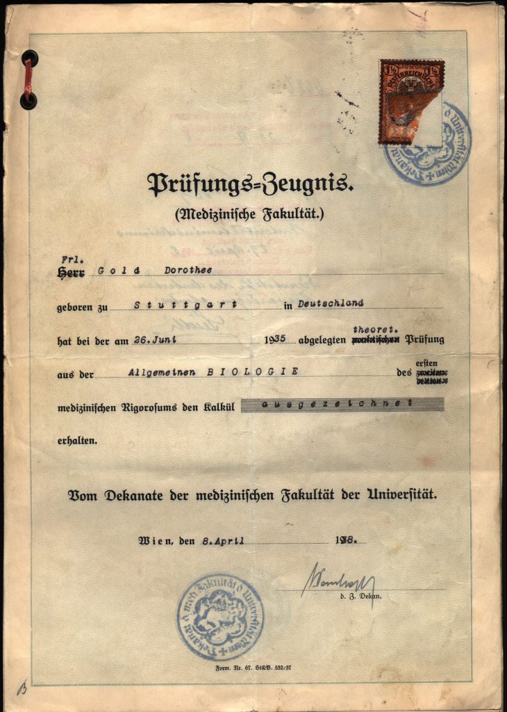 Dorothee Gold's general biology examination certificate from the University of Vienna, written in German (The Legacy Center Archives and Special Collections)