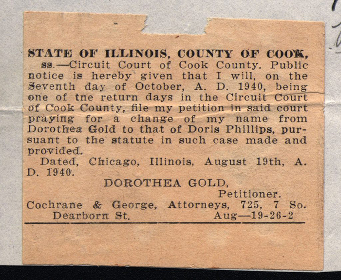 Newspaper clipping of Dorothee Gold's name change to Phillips, 1940 (The Legacy Center Archives and Special Collections)
