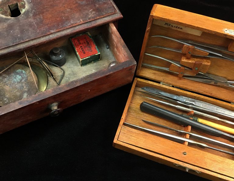 Two wooden boxes thought to contain medical instruments (The Legacy Center Archives and Special Collections)
