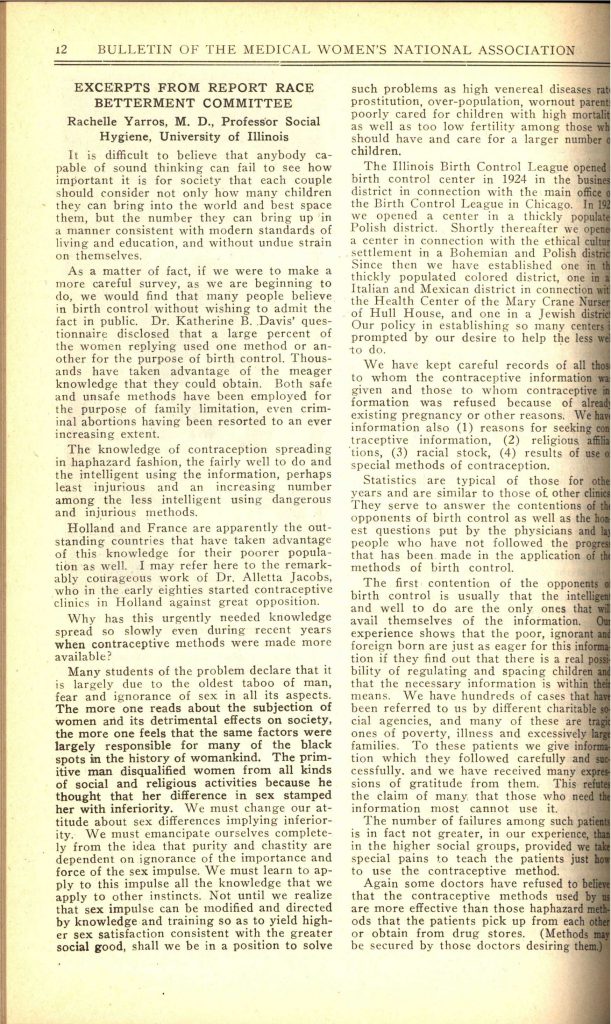 Excerpt of report from Medical Women's National Association's Race Betterment Committee written by Dr. Rachelle Yarros, 1928 (The Legacy Center Archives and Special Collections)
