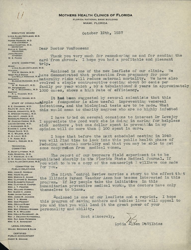 Letter from Dr. Lydia Allen DeVilbiss to Dr. Bertha Van Hoosen, 1937 (The Legacy Center Archives and Special Collections)