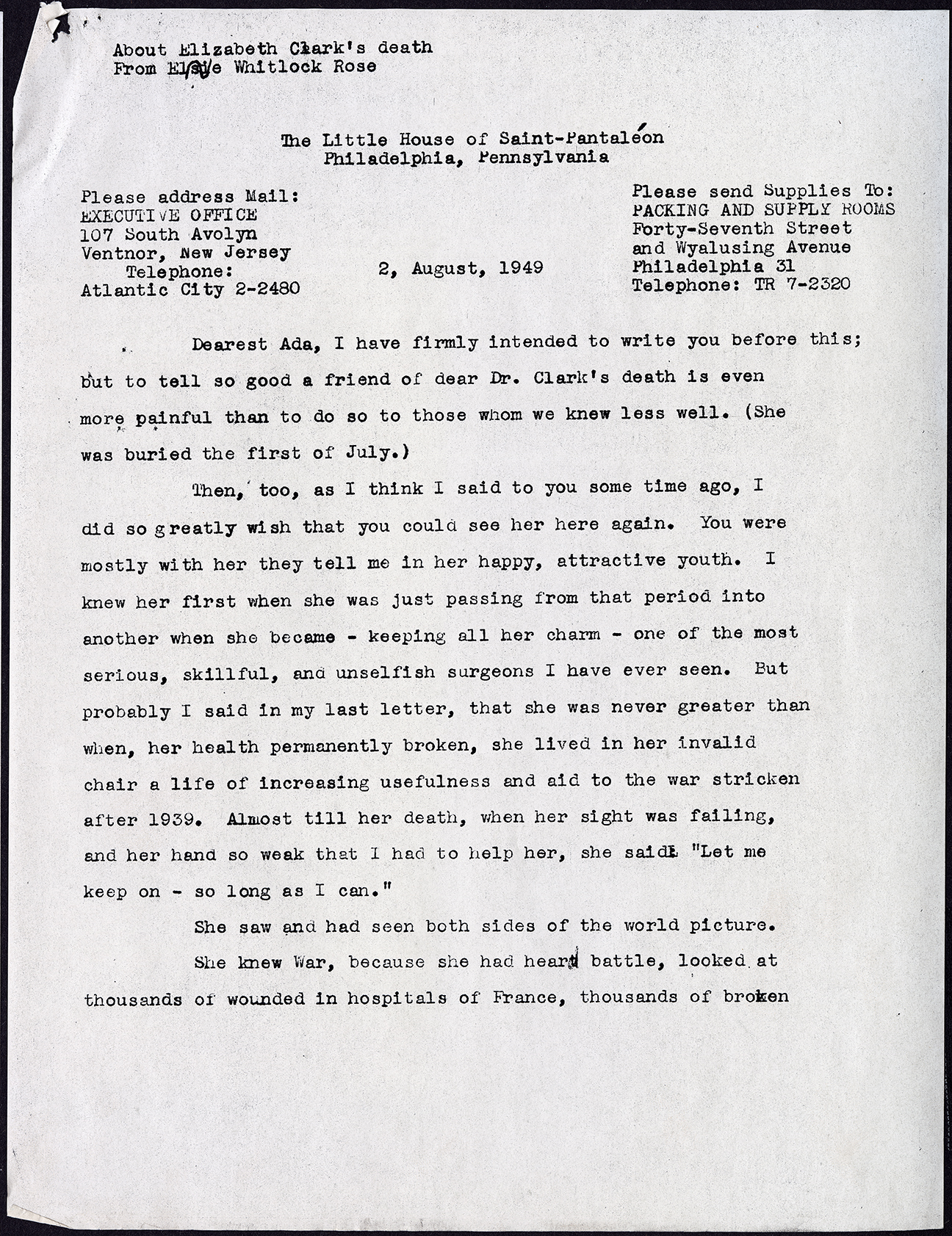 Letter from Elise Whitlock Rose to Ada McCormick, 2 August 1949. (Legacy Center Archives and Special Collections)