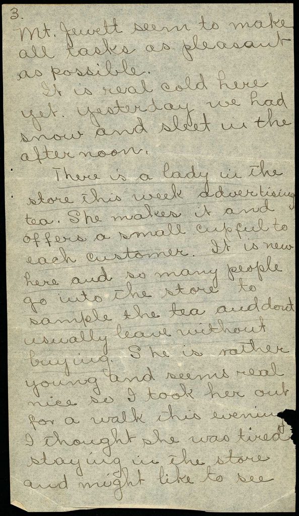 Page from Elizabeth Cisney’s early spring 1901 letter to Augustus Edwin Smith discussing tea in Mt. Jewett (Legacy Center Archives and Special Collections)