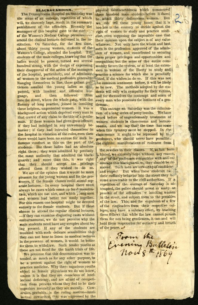 'Blackguardism' Woman's Medical College of Pennsylvania clippings scrapbook: Volume 1, page 2 (The Legacy Center Archives and Special Collections)