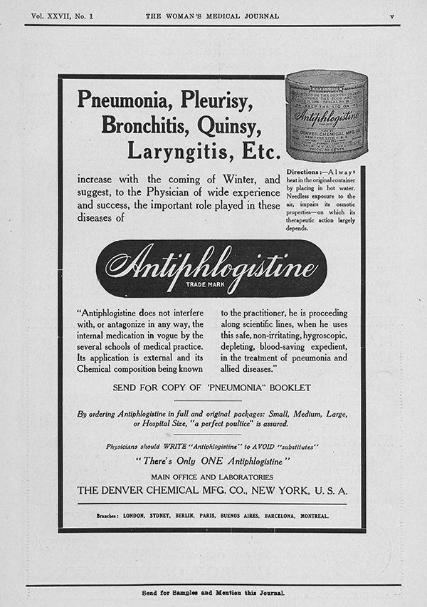 Medical Woman's Journal, 1915 #1, advertisement for treating pneumonia and pleurisy. (The Legacy Center Archives and Special Collections)