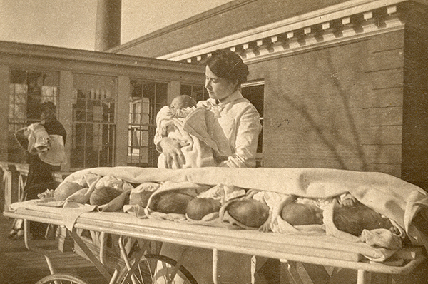 Woman's Medical College of Pennsylvania Hospital, with Dr. Florence Weaver and infants. (Legacy Center Archives & Special Collections)