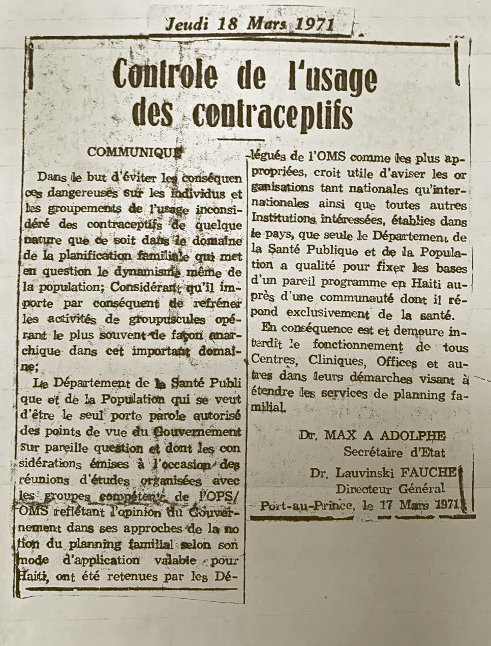 Image of newspaper clipping in French regarding contraception control