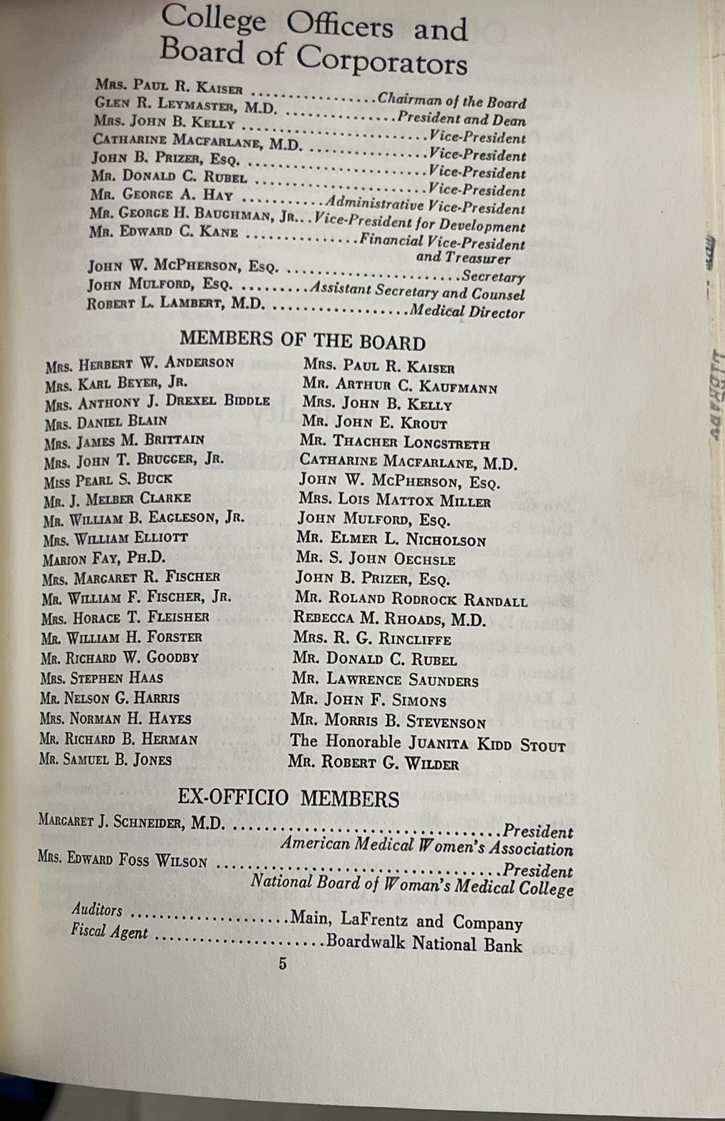 Woman's Medical College of Pennsylvania bulletin, 1966-1967 listing board members