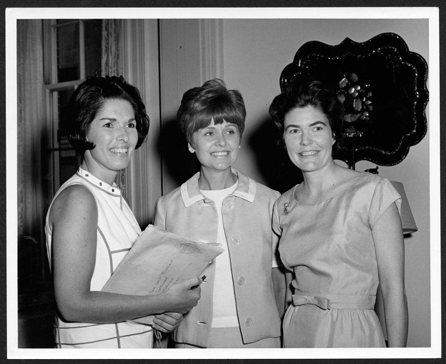 black and white photograph of three unidentified Happiest Millionaire benefit committee members (The Legacy Center Archives and Special Collections, p4389); 1534x1252