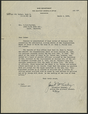 Letter to Mrs Lyda Poynter from the United States War Department, 2 March 1933 (The Legacy Center Archives and Special Collections)