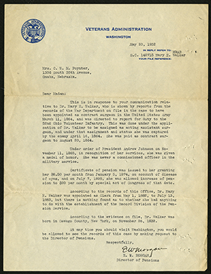 Letter to Mrs Lyda Poynter from the United States Veteran’s Administration, 20 May 1932 (The Legacy Center Archives and Special Collections)