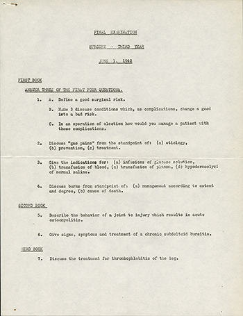 Third-year final exam for Dr. Morani’s surgery class, 1942, page 1 (The Legacy Center Archives and Special Collections)