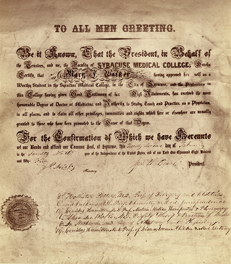 Medical degree awarded to Mary Walker from Syracuse Medical College in 1855 (The Legacy Center Archives and Special Collections)