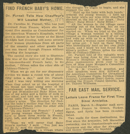 'Find French Baby's Home: Dr. Purnell Tells How Chauffeur's Wit Located Mother,' March 9, 1919 (The Legacy Center Archives and Special Collections)