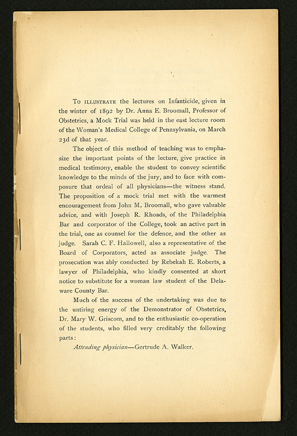 First page of the booklet from the Woman’s Medical College mock trial on infanticide, March 23, 1892 (The Legacy Center Archives and Special Collections)