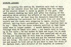 Opening address of the General Meeting of the American Women's Hospitals held on December 19, 1918 discussing the armistice and its impact on the organization's plans. (The Legacy Center Archives and Special Collections)