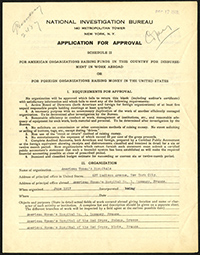 National Investigation Bureau form required for organizations to raise money for foreign ventures, page 1. (The Legacy Center Archives and Special Collections)