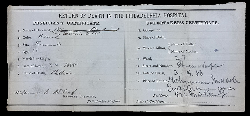 Death certificate of Harriet Cole, 1888. Philadelphia City Archives.