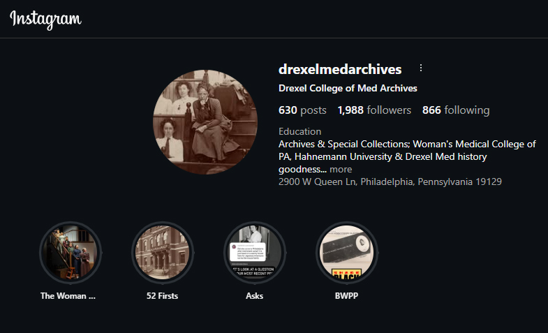 Screenshot of drexelmedarchive's Instagram profile