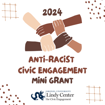 Arms of various hue embrace and hold one another. Text reads 2024 Anti-Racist Civic Engagement Mini-Grant