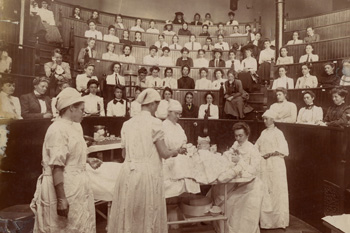 Archive photo of a women's anatomy class, 1903, at Drexel University College of Medicine.