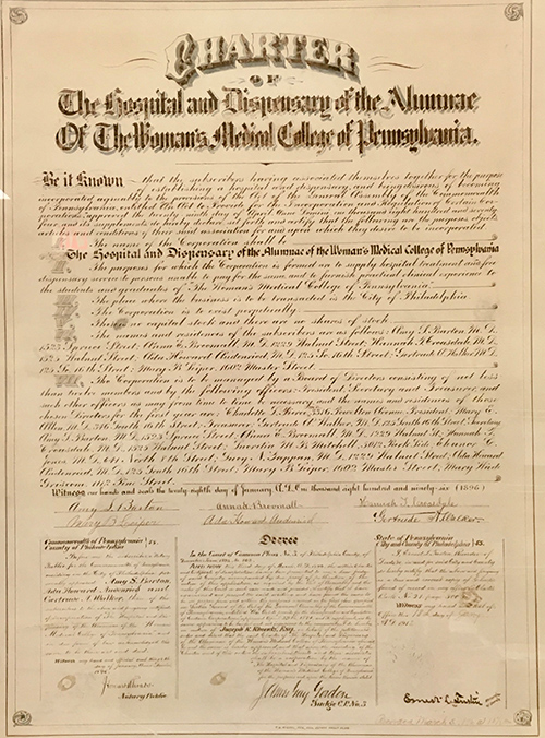Charter of the Hospital and Dispensary of the Alumnae of The Woman’s Medical College of Pennsylvania, 1896. (The Legacy Center Archives and Special Collections)
