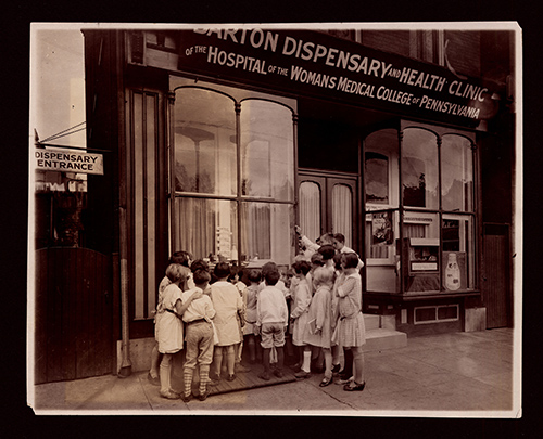 Group of children outside the Amy S. Barton Dispensary, East Falls, Philadelphia, 1927. (The Legacy Center Archives and Special Collections)