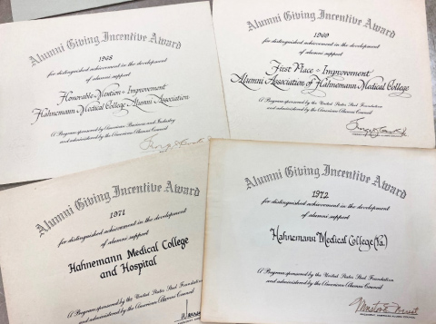 Hahnemann Alumni Association received four awards from the American Alumni Council between 1968 and 1972. (The Legacy Center Archives and Special Collections)