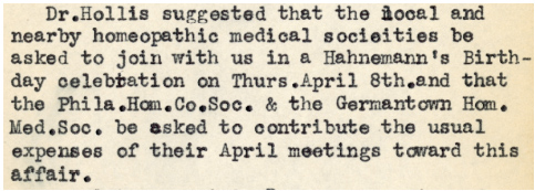 Jan 22, 1937, Hahnemann Alumni Association minutes, OS 149, 'Dr. Hollis suggested that local and nearby homeopathic medical societies….''