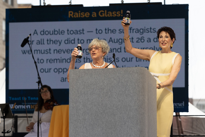 Lynn Yeakel and Dianne Semingsen raise a glass at Toast to Tenacity