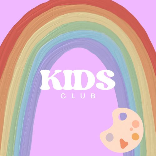 Kids Club logo with rainbow and paint palette on pink background
