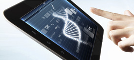Biomedicine DNA digital media on a tablet screen.