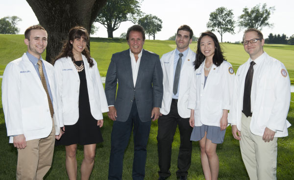 Five of this year's seven scholarship recipients pose on the course with Manuel Stamatakis: Brian Lefchak, Melanie Dabakis, Yehuda Kerbel, Jennifer Hong and Blake Bowden