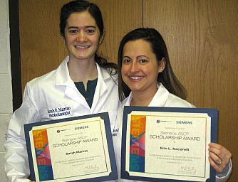 Histotechnology program students Sarah Marino and Erin Nacarelli received a Siemens-ASCP scholarship.