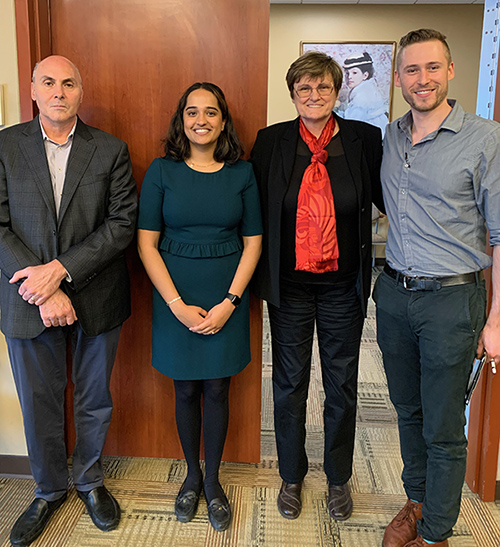MD/PhD students Ben Haslund-Gourley and Swaksha Rachuri at the Franklin Institute lecture, 'The Future of MRNA Therapeutics,' with Katalin Karikó, PhD and Drew Weissman, MD, PhD.