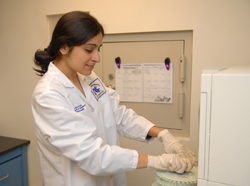 A Drexel microbiology and immunology program student working in a lab.