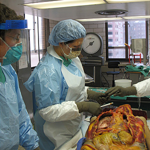 Students in the Pathologists' Assistant program performing an autopsy at Drexel University College of Medicine.