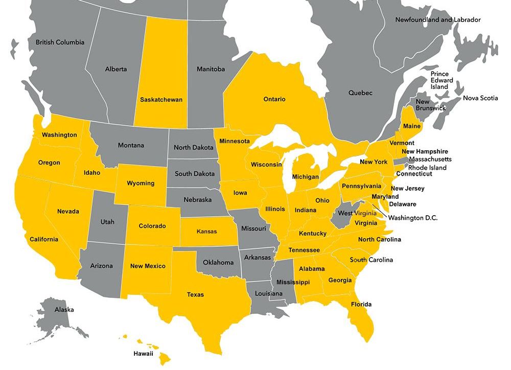 Map highlighting places in North America where people have traveled from for the Physician Refresher course
