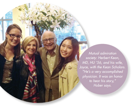 Mutual admiration society: Herbert Kean, MD, HU '56, and his wife, Joyce, with the Kean Scholars. 'He's a very accomplished physician. It was an honor to hear his story,' Huber says.