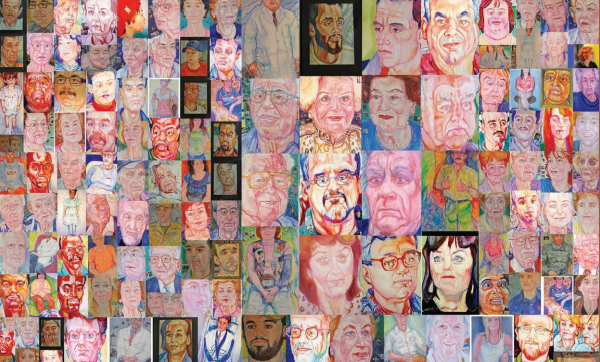 A collage of Dr. Siegel's watercolor portraits (most are 30-by-40 inches) includes examples from several series: Holocaust Survivors, Second-Generation Holocaust Survivors, Female Doctors and Returning Veterans.