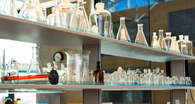Glass beakers and flasks in a laboratory at Drexel University College of Medicine.
