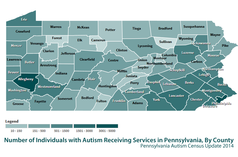 Map of Pennsylvania with counties shaded to show number of individuals with autism receiving services in each county