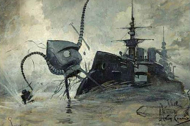 This illustration for the novel "The War of the Worlds" by H.G. Wells shows a Martian fighting-machine battling with the warship Thunder Child.