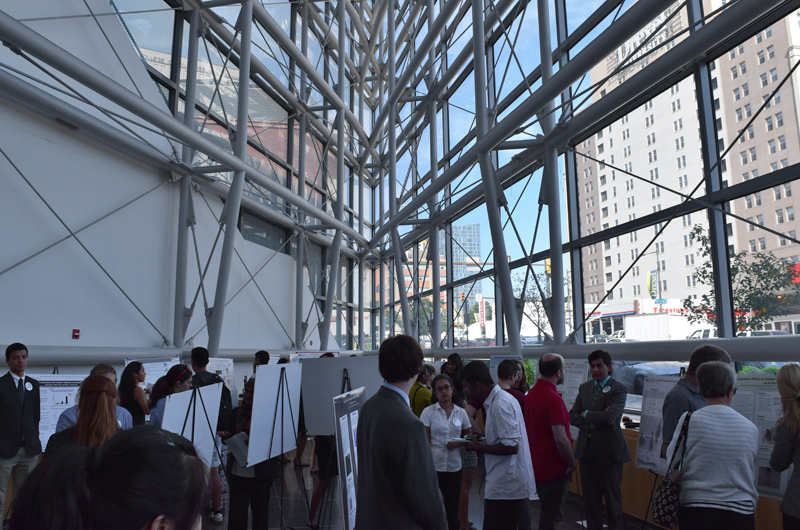 The lobby of the Bossone Research Enterprise Center during the STAR Scholars Summer Showcase.